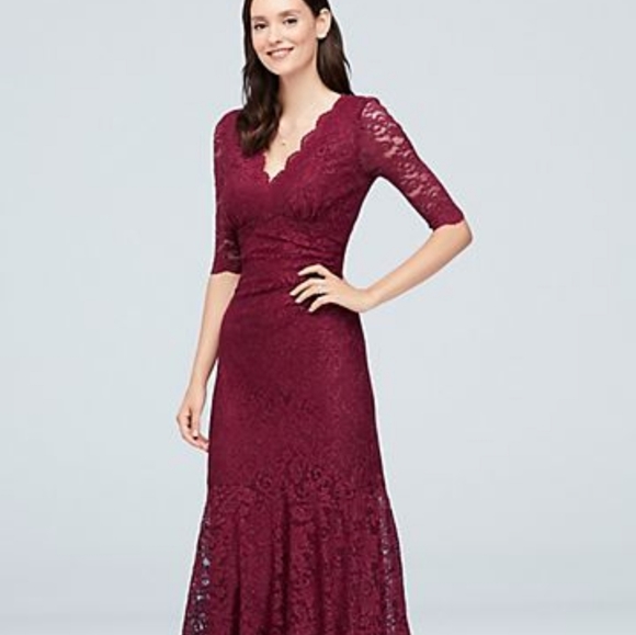 Davids Bridal V Neck Ruched Lace Mermaid Gown 3/4 Sleeves - Picture 1 of 3